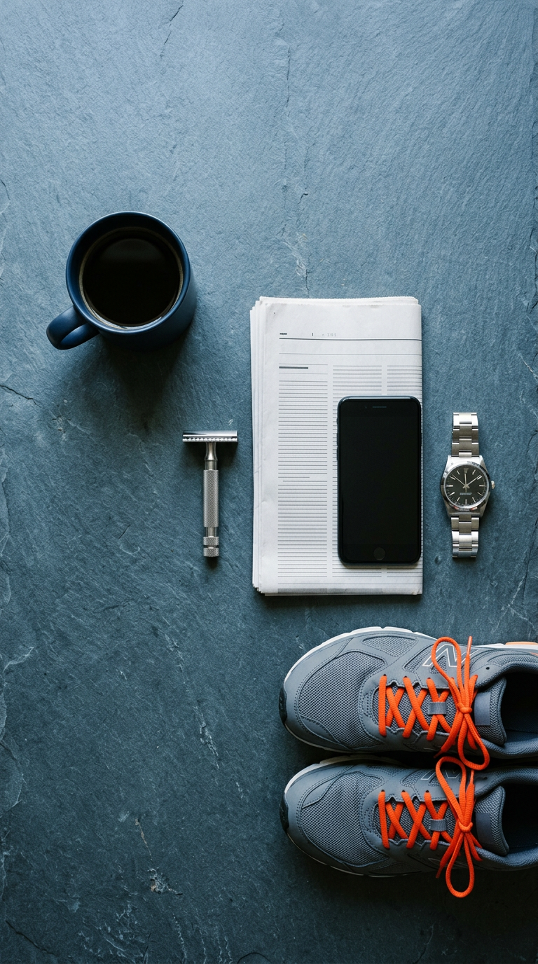 A morning routine laid out on slate: black coffee, a safety razor, a folded newspaper, a phone, a watch, and running shoes.